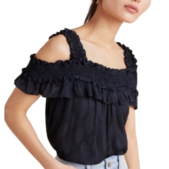 Anthropologie Finn Black Leaf Print Ruffled/Shirred Top w/Cold Shoulder. Size M - Picture 1 of 10